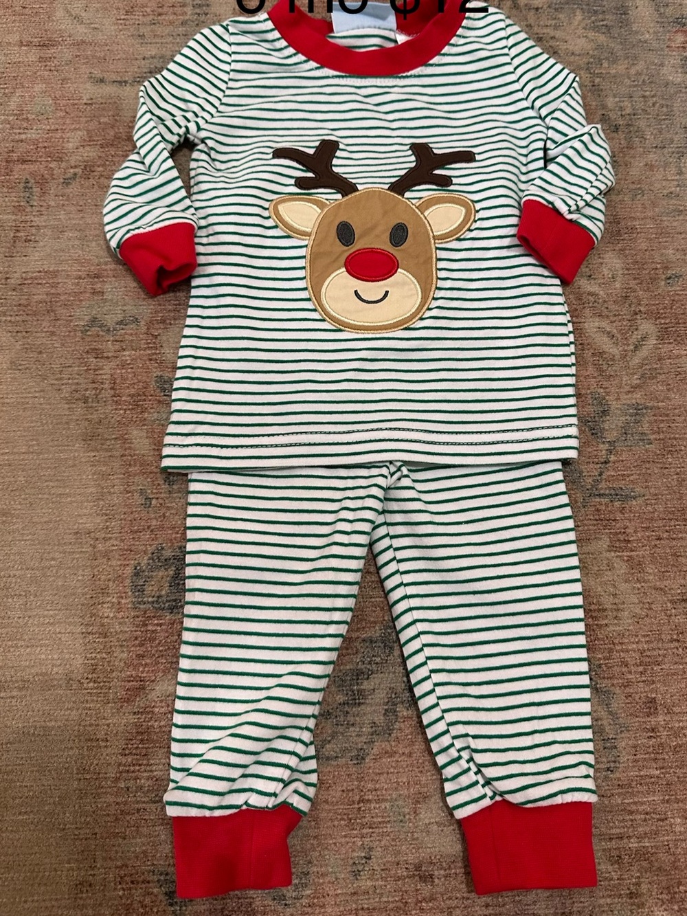 Classic Whimsy Christmas Reindeer Pajamas - Green & White Stripes with Red Trim